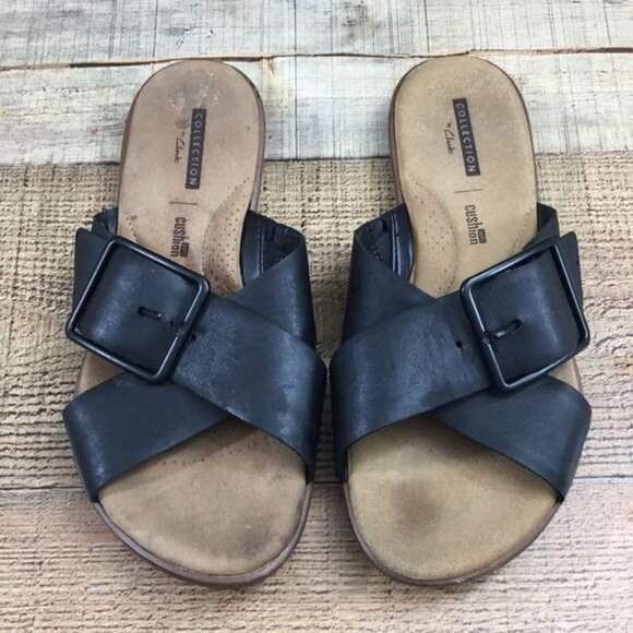 Collection By Clarks Black Leather Kele Heather Slides Womens 7 W Cross Strap - Picture 3 of 12